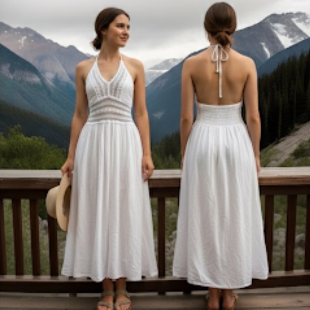 Sea Spice Resort Cotton Cover Double Slit M White Lace Crochet Smocked Dress - Picture 1 of 11